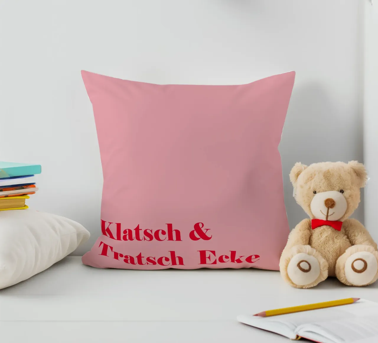 Gossip corner in raspberry red on pink for summer decorative cushion by Stilrausch