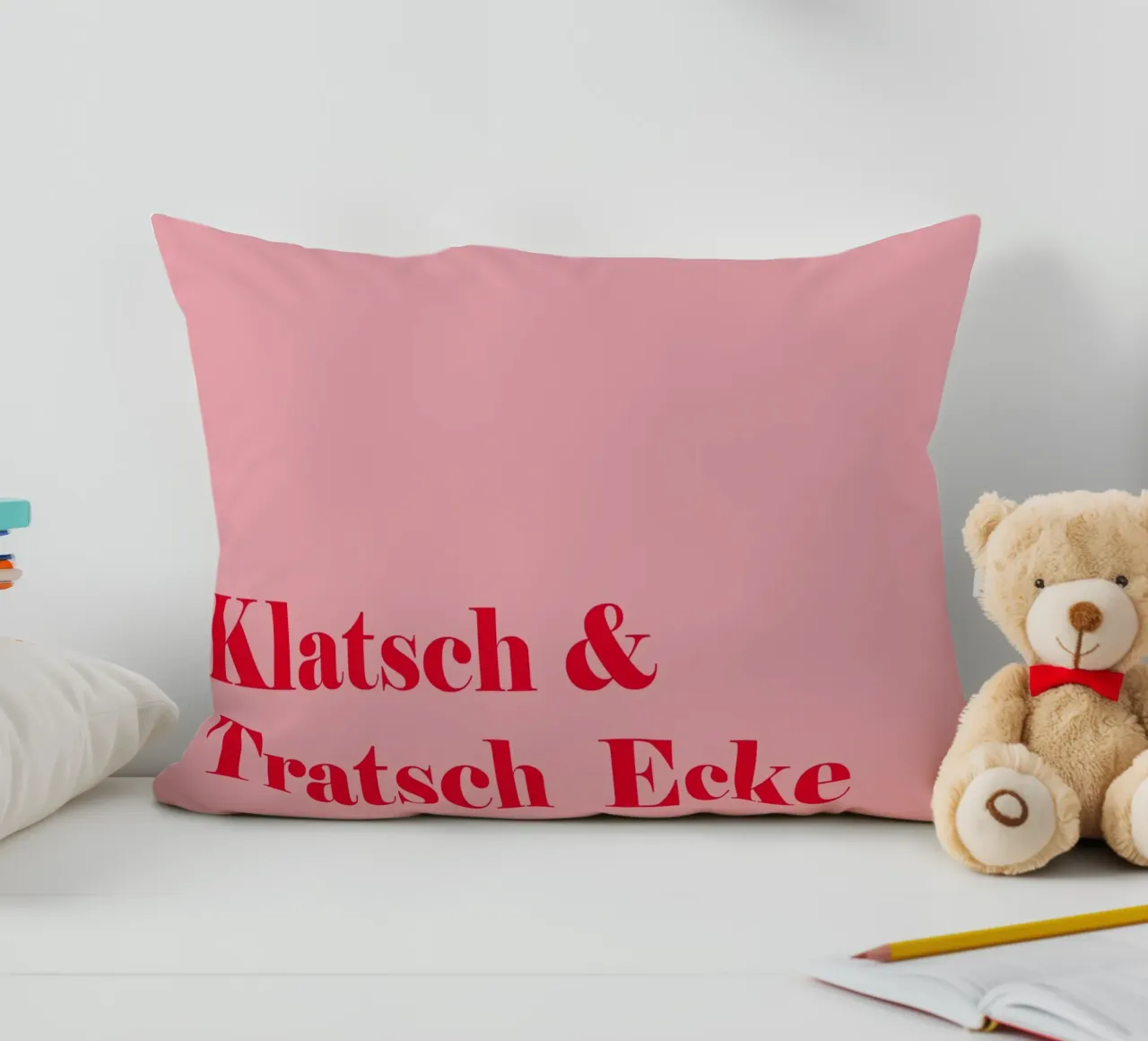 Gossip corner in raspberry red on pink for summer decorative cushion by Stilrausch