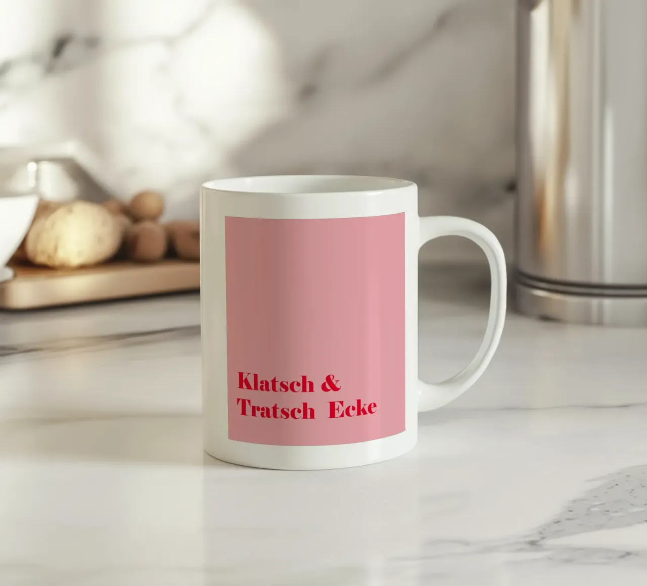 Gossip corner in raspberry red on pink for summer ceramic mug by Stilrausch