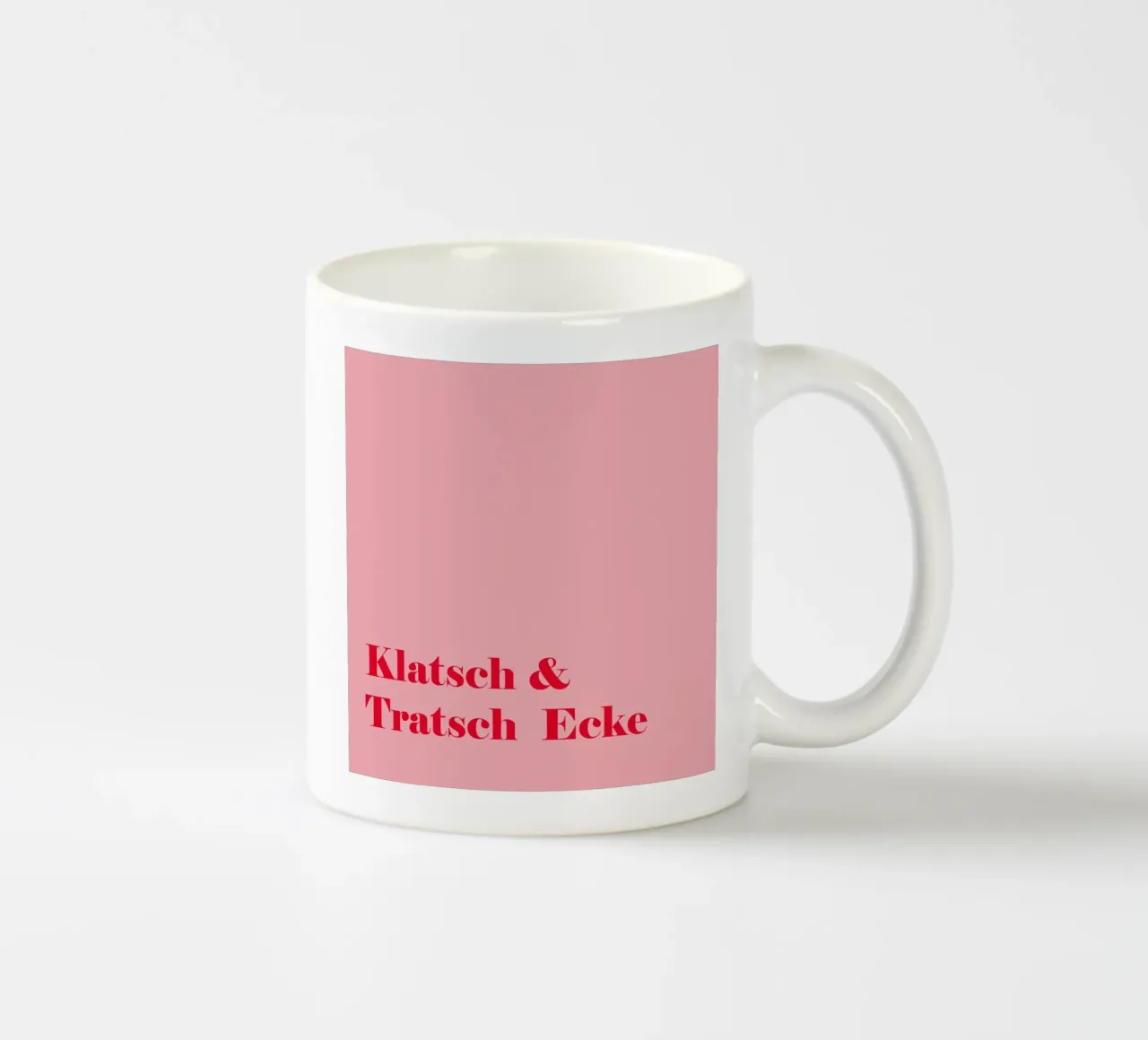 Gossip corner in raspberry red on pink for summer ceramic mug by Stilrausch