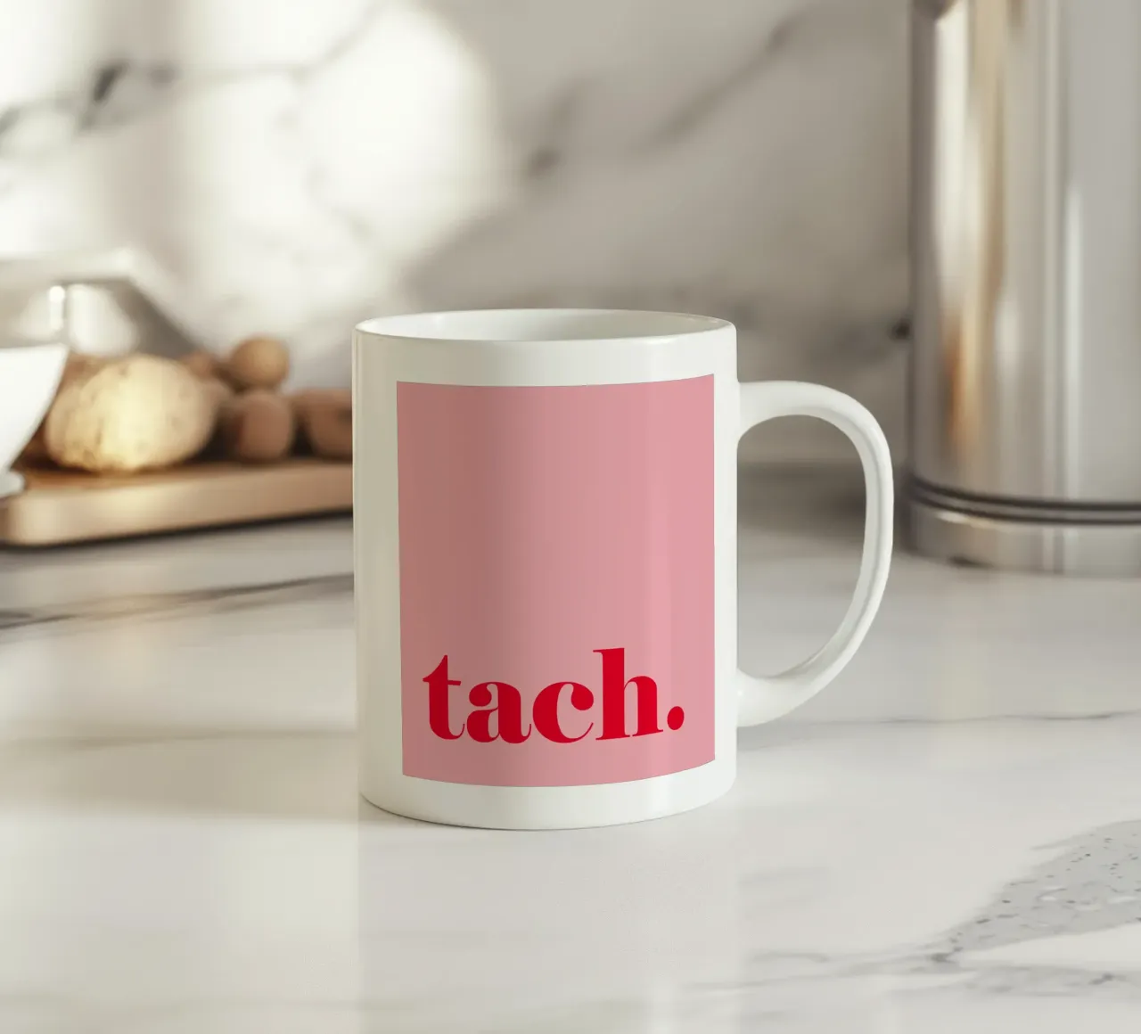 TACH in raspberry red on pink - a cheerful summer greeting for the home ceramic mug by Stilrausch
