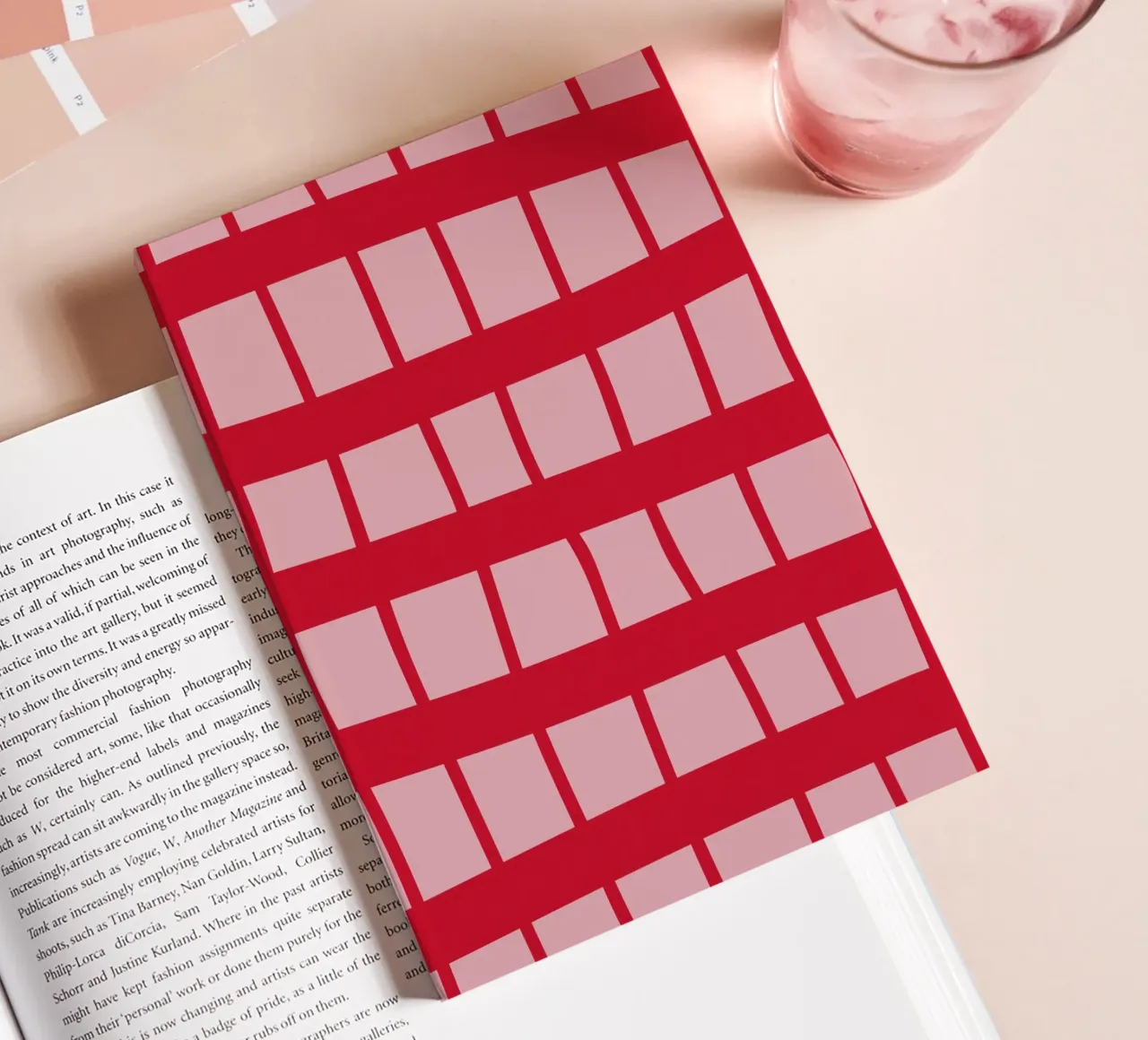 Wobbly strawberry red check on pink - Hand-painted summer must-haves notebook by Stilrausch
