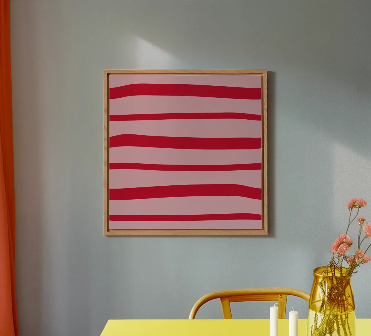 Horizontal hand-painted lines in strawberry red on pink alu-dibond by Stilrausch