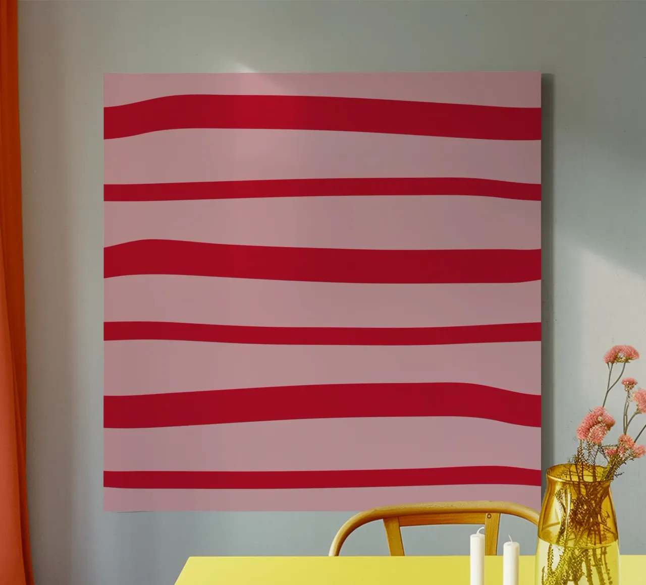 Horizontal hand-painted lines in strawberry red on pink canvas by Stilrausch