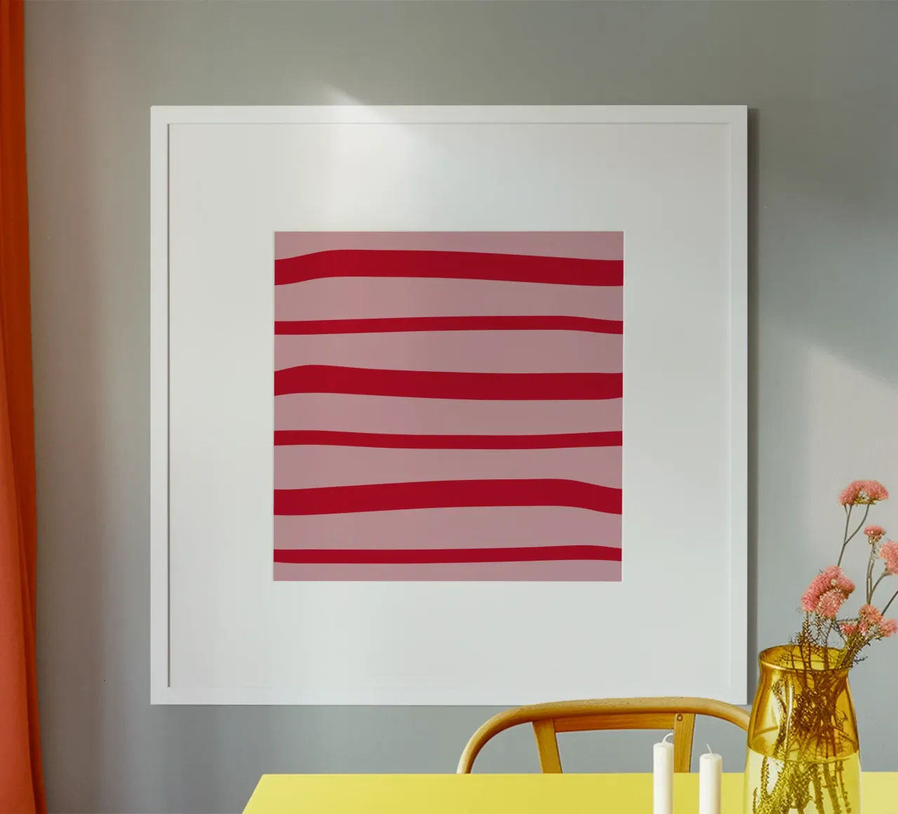 Horizontal hand-painted lines in strawberry red on pink hahnemühle by Stilrausch
