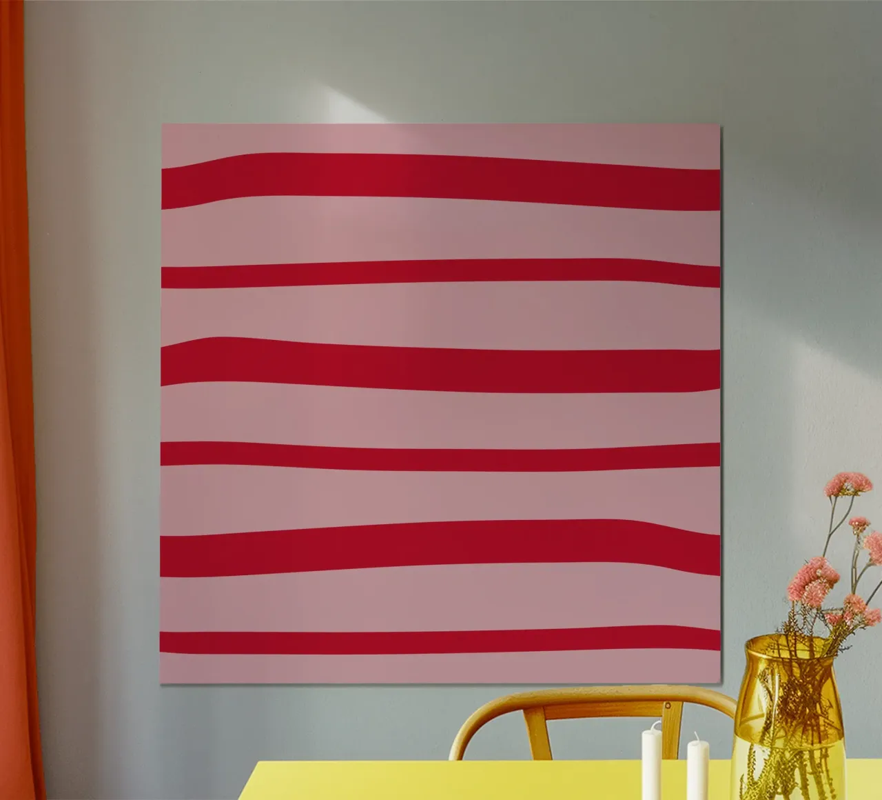 Horizontal hand-painted lines in strawberry red on pink hahnemühle by Stilrausch