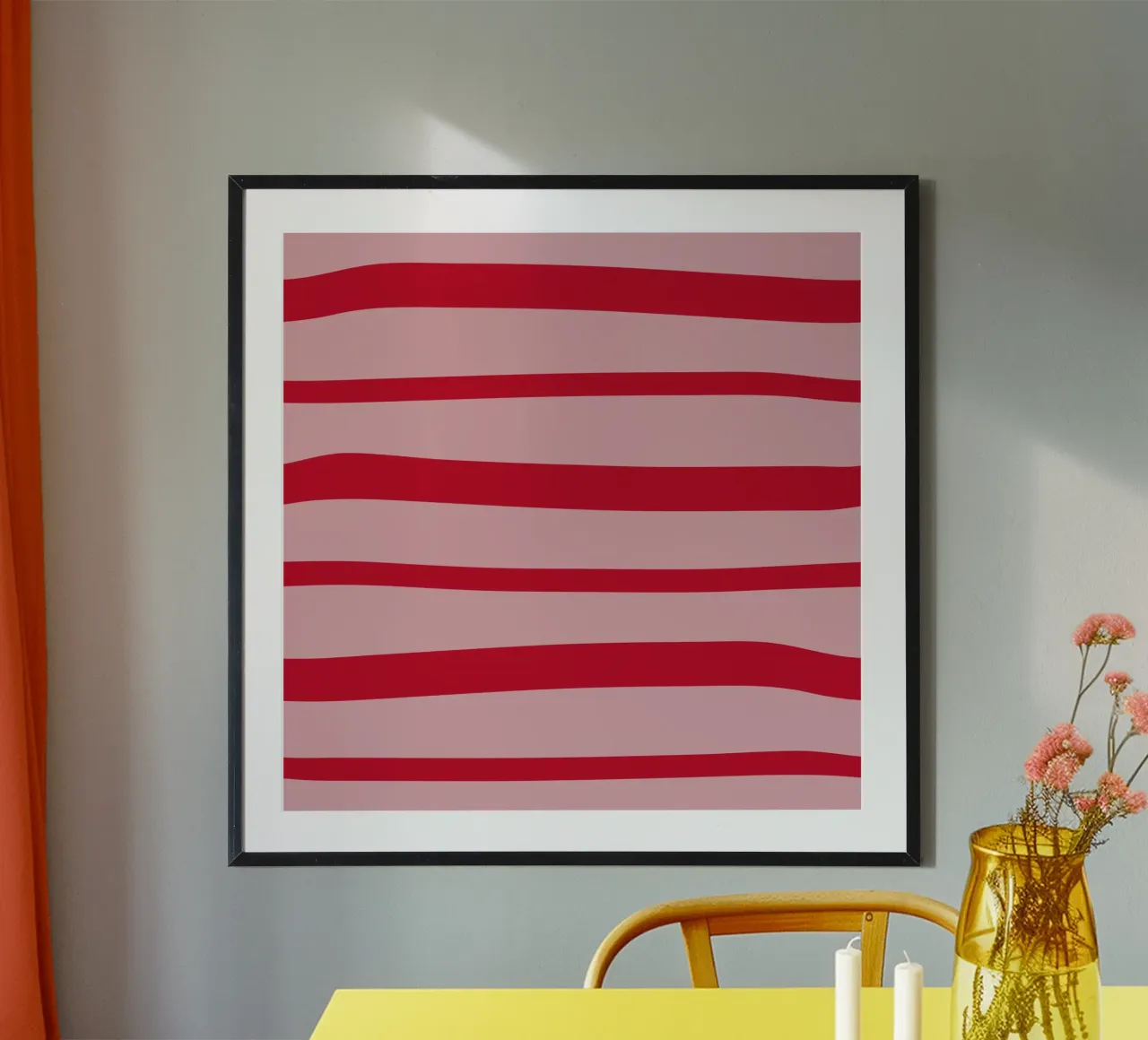 Horizontal hand-painted lines in strawberry red on pink hahnemühle by Stilrausch