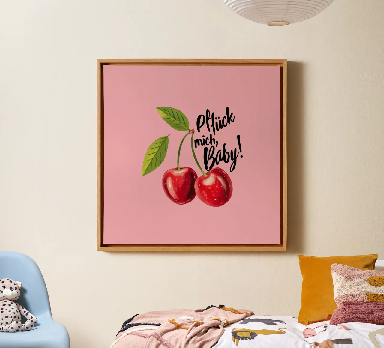 Pick me baby - statement in aardbeirood op roze canvas met Baklijst van Stilrausch