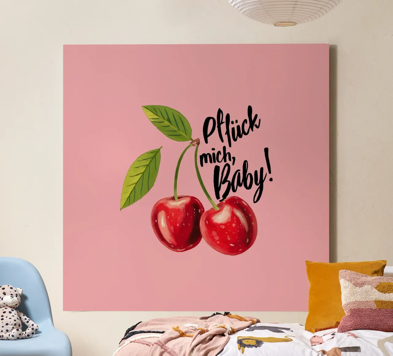 Pick me baby - statement in aardbeirood op roze canvas met Baklijst van Stilrausch