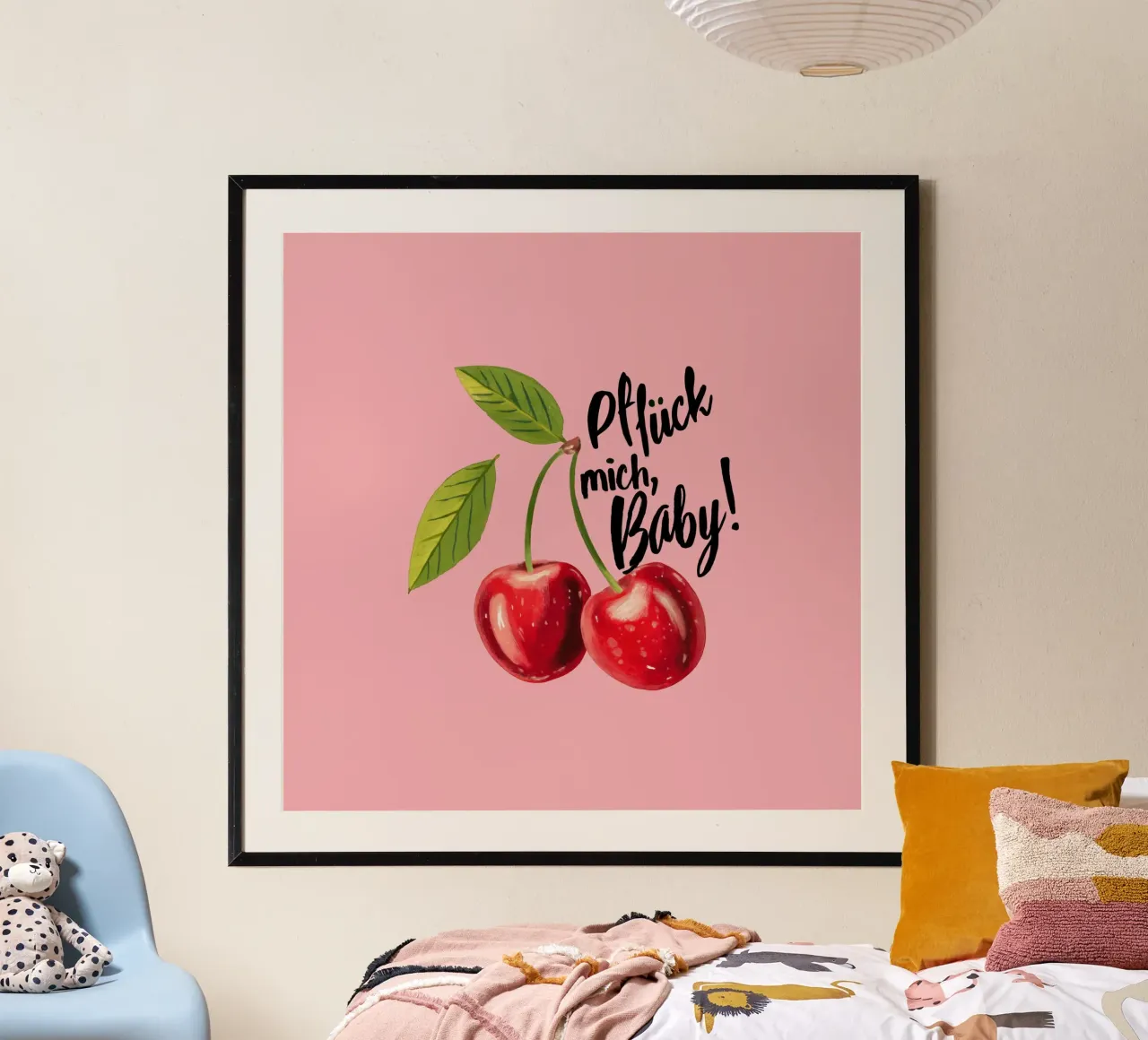 Pick me baby - statement in aardbeirood op roze poster van Stilrausch