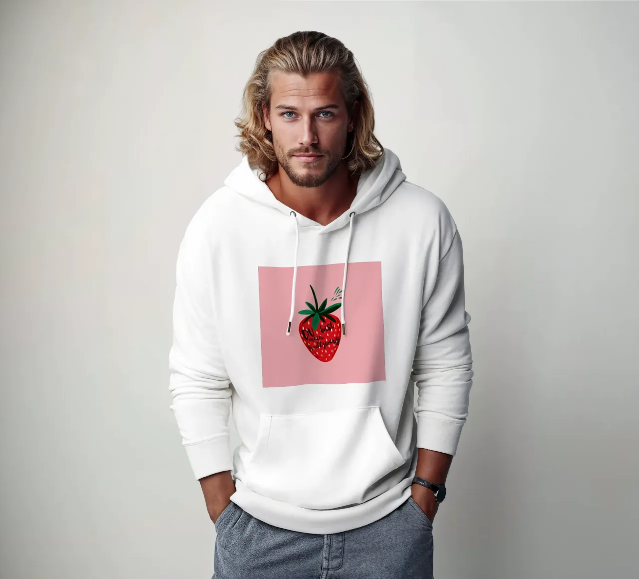 Gnomo della frutta alla fragola impertinente con testo su sfondo rosa acceso felpa con cappuccio da Stilrausch