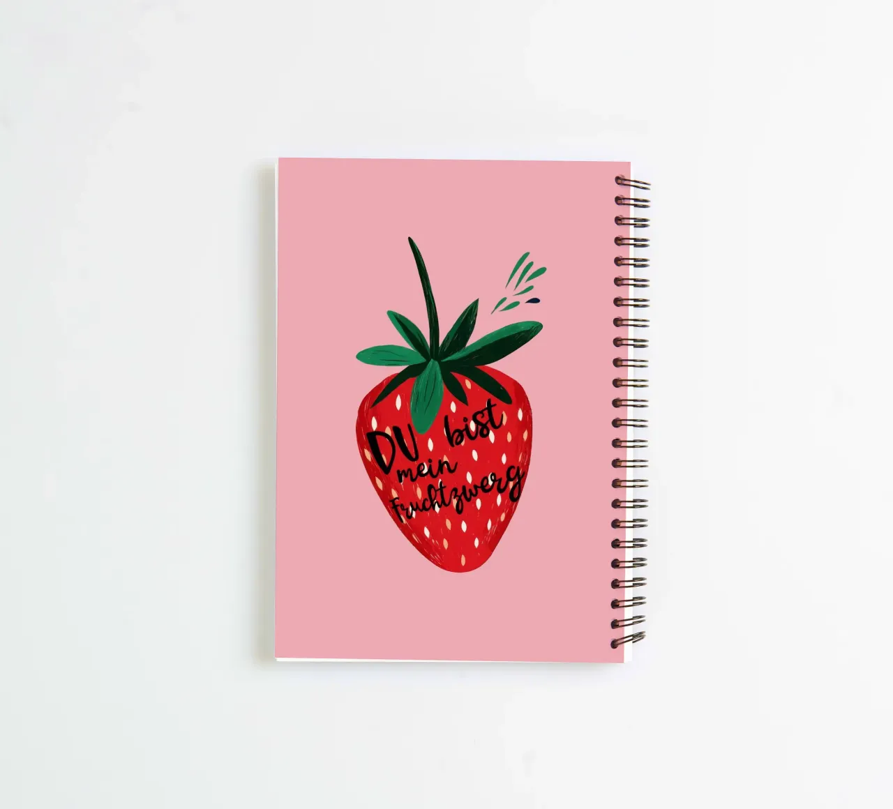 Cheeky strawberry fruit gnome with text on bright pink spiral notebook by Stilrausch