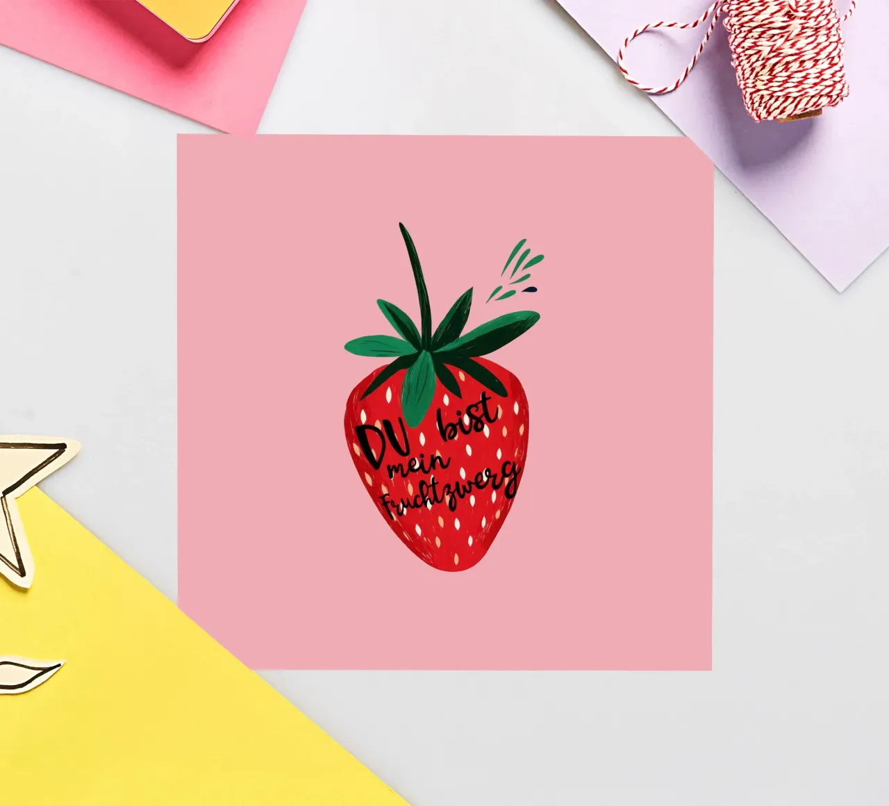 Cheeky strawberry fruit gnome with text on bright pink sticker by Stilrausch