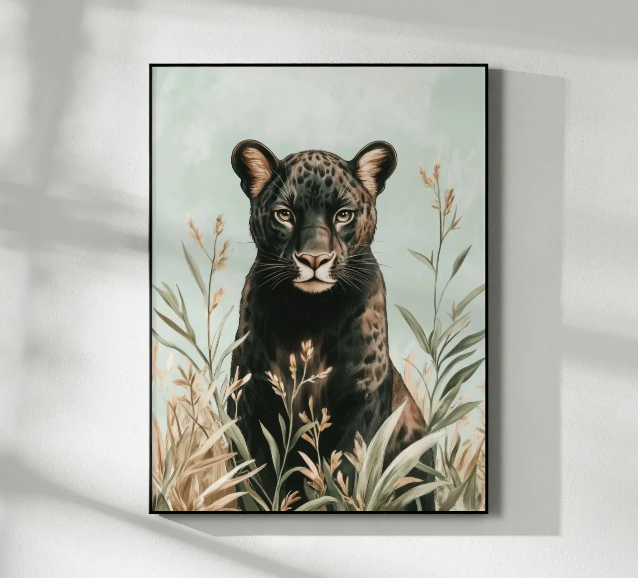Motionless black panther in a pastel green setting acrylic glass by Moodwall