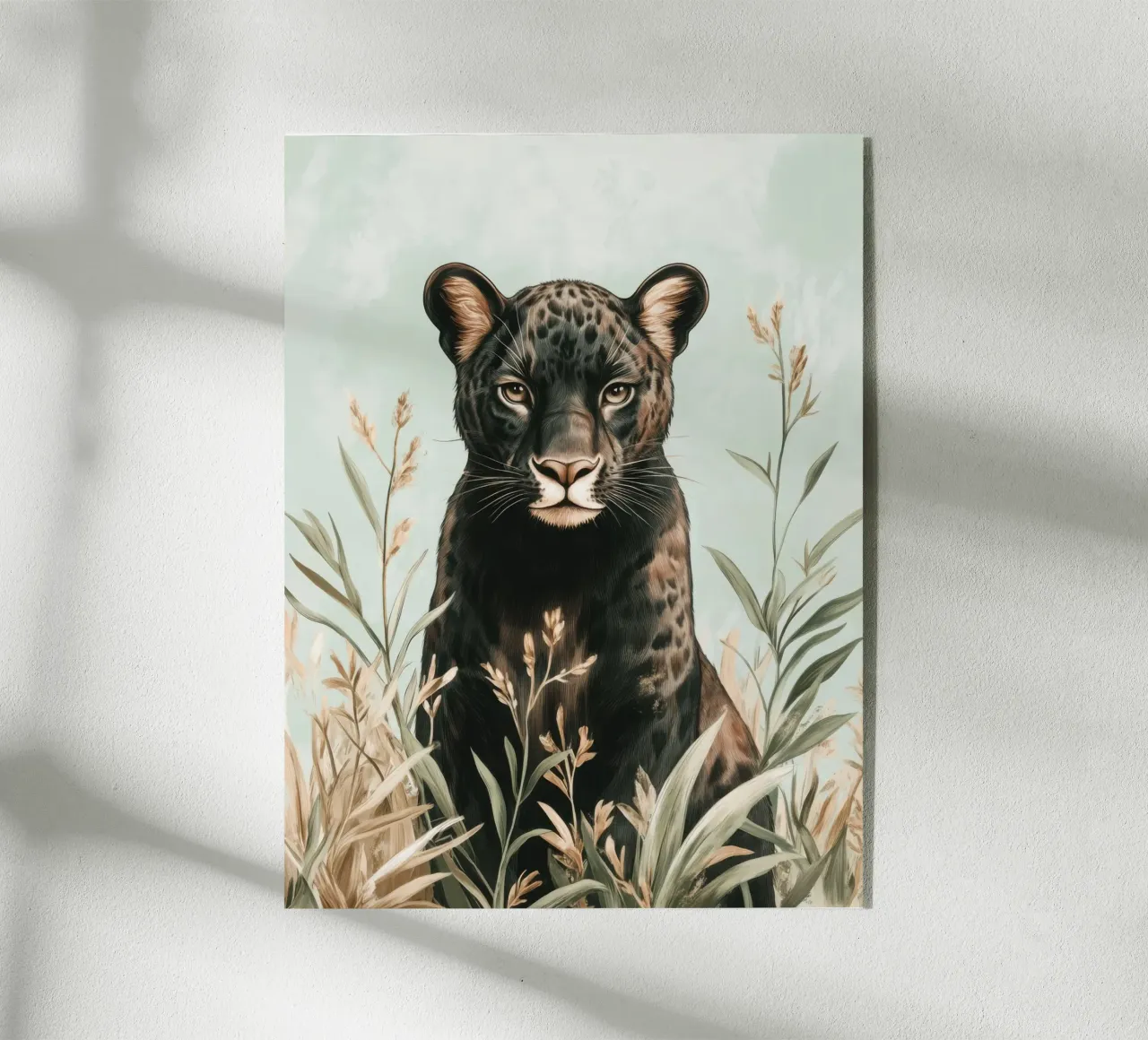 Unbeweglicher schwarzer Panther in pastellfarbener Pflanzenwelt Acryl-Glas von Moodwall