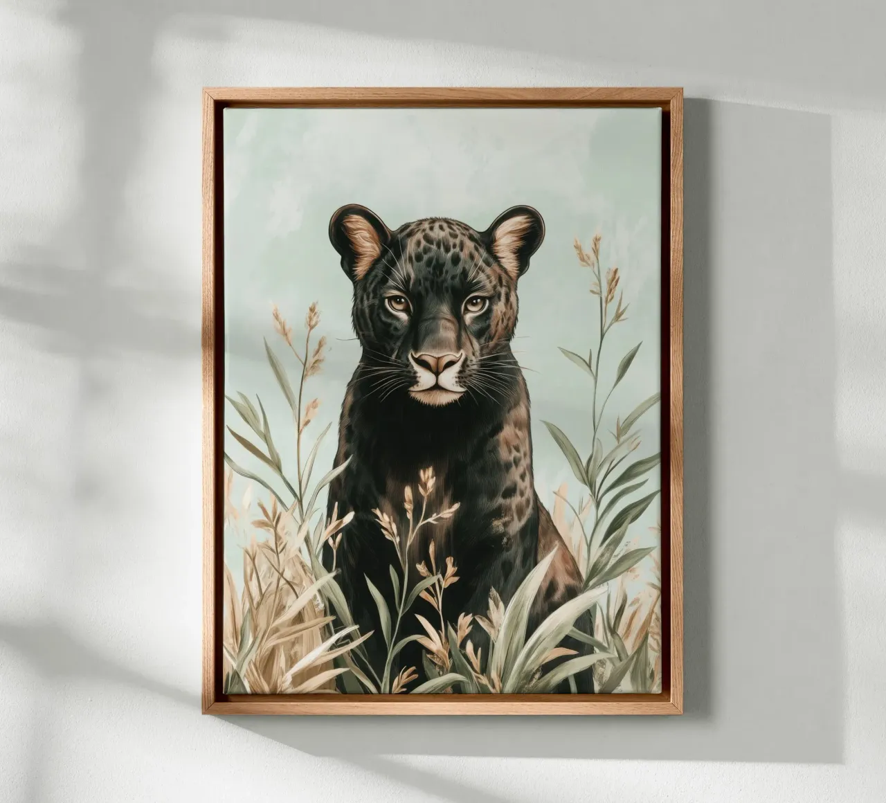 Motionless black panther in a pastel green setting canvas by Moodwall
