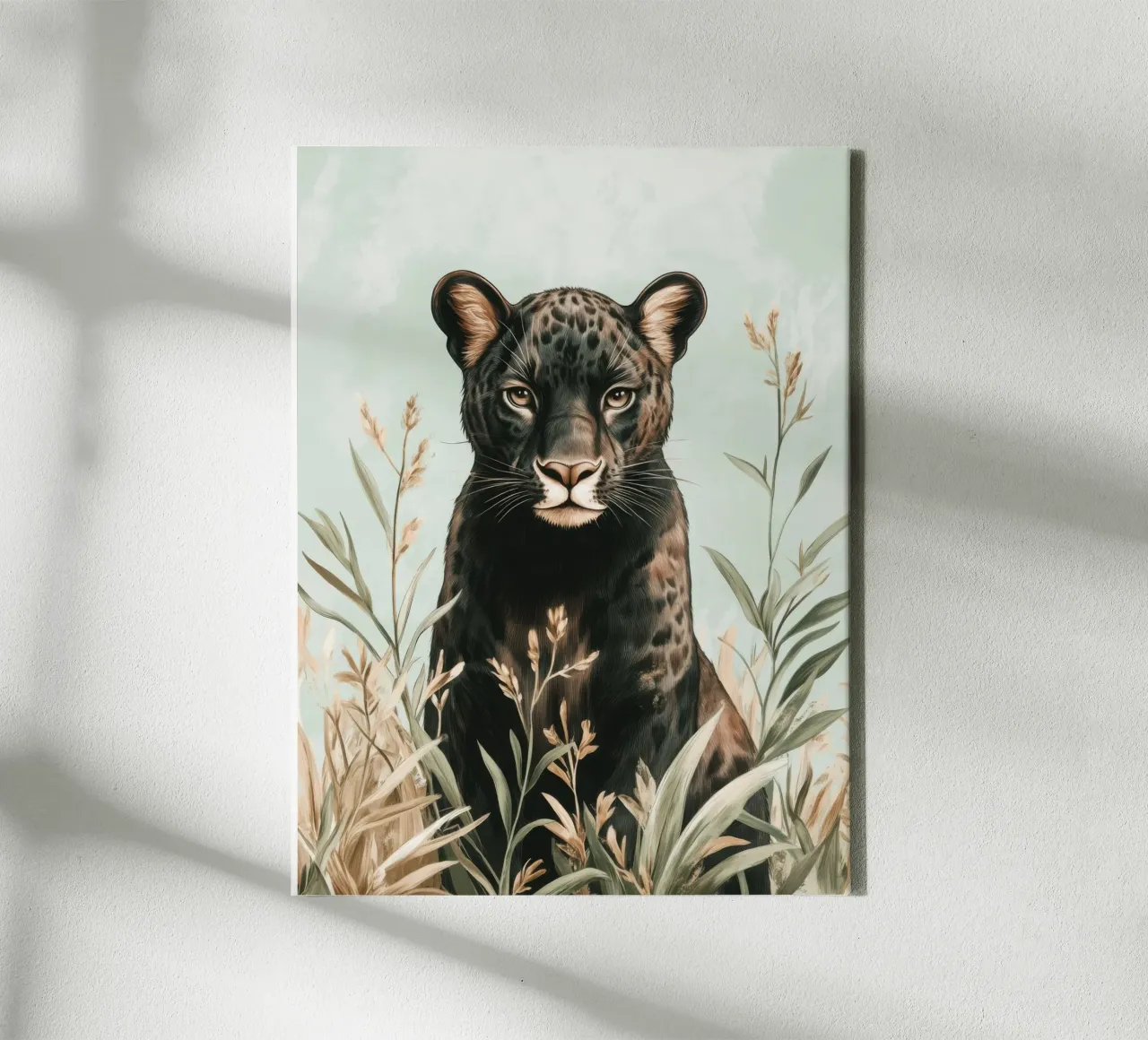 Motionless black panther in a pastel green setting canvas by Moodwall
