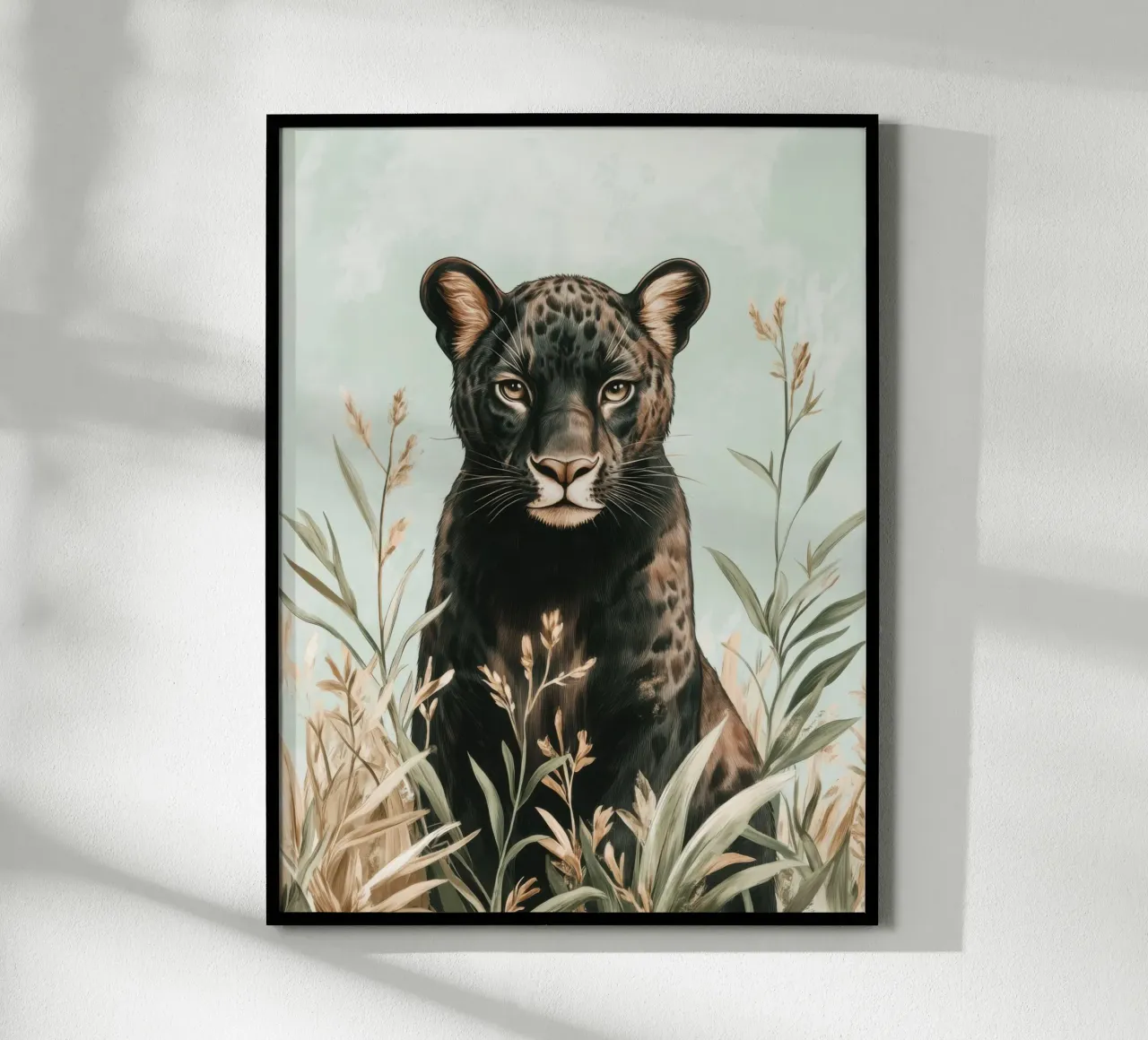 Motionless black panther in a pastel green setting poster by Moodwall