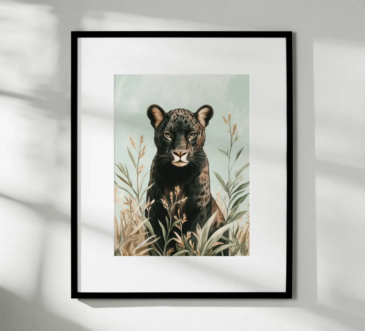 Motionless black panther in a pastel green setting poster by Moodwall