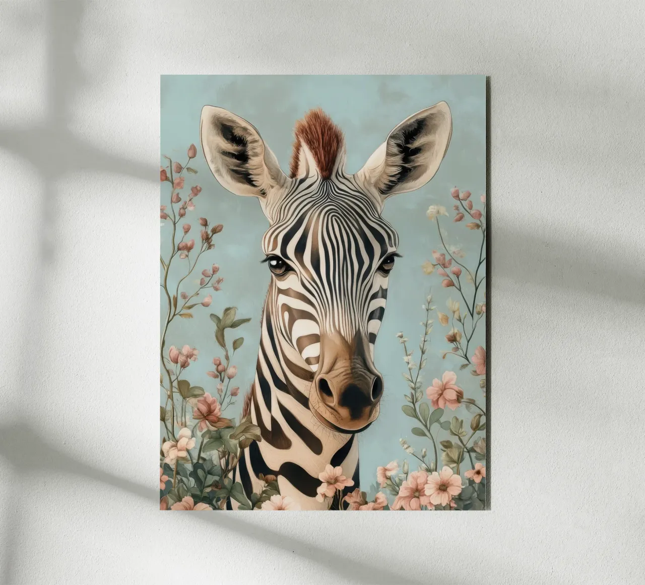 Soft-eyed zebra in a pastel garden alu-dibond by Moodwall
