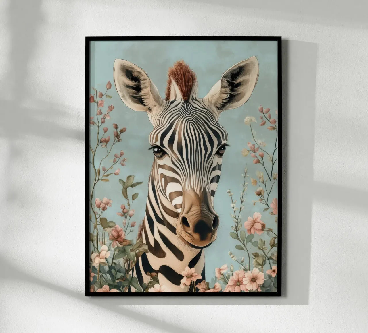 Soft-eyed zebra in a pastel garden poster with plastic frame by Moodwall