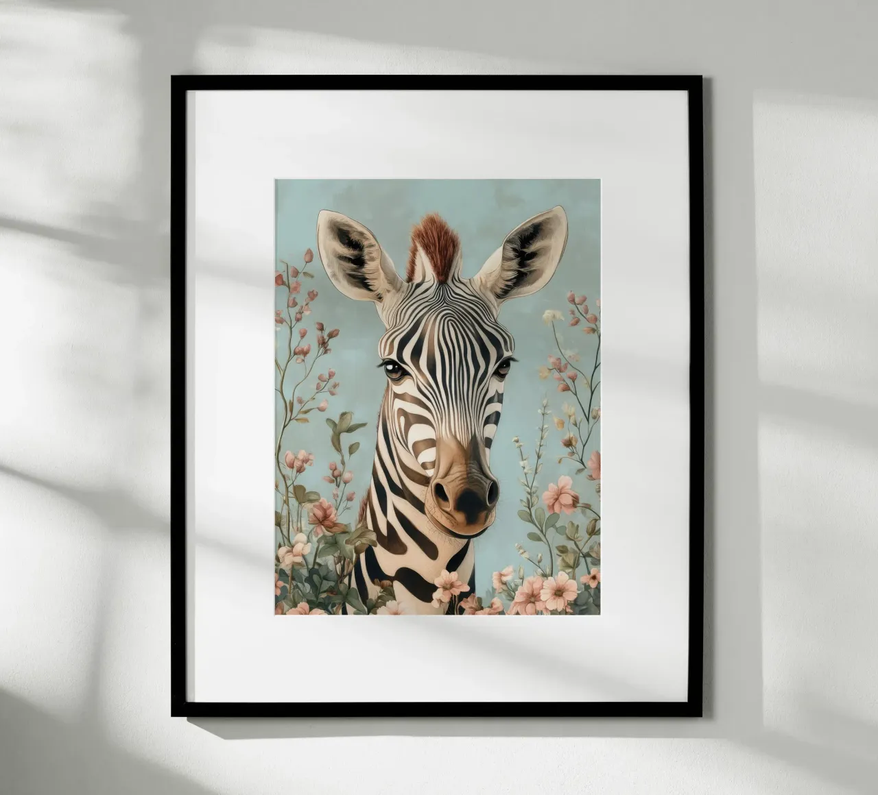 Soft-eyed zebra in a pastel garden poster with plastic frame by Moodwall