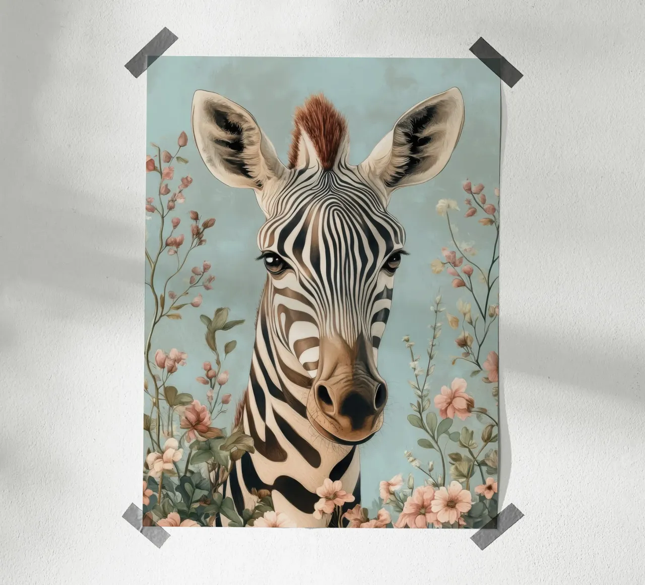 Una zebra dagli occhi dolci in un giardino pastello poster da Moodwall