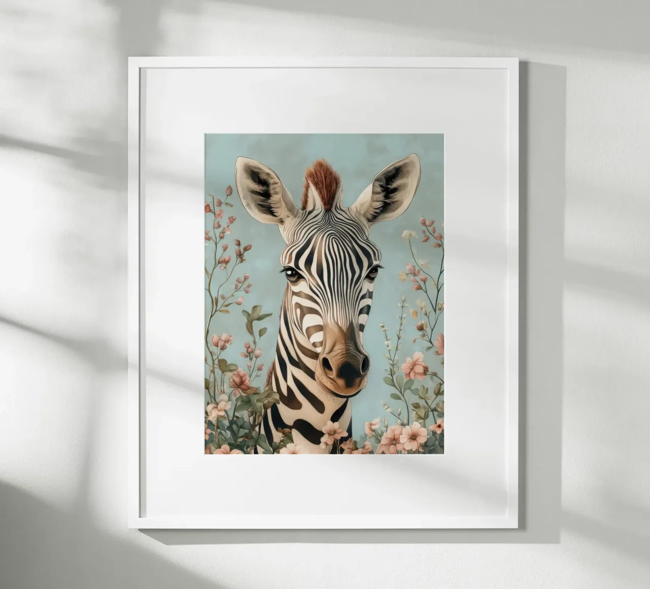 Una zebra dagli occhi dolci in un giardino pastello poster da Moodwall