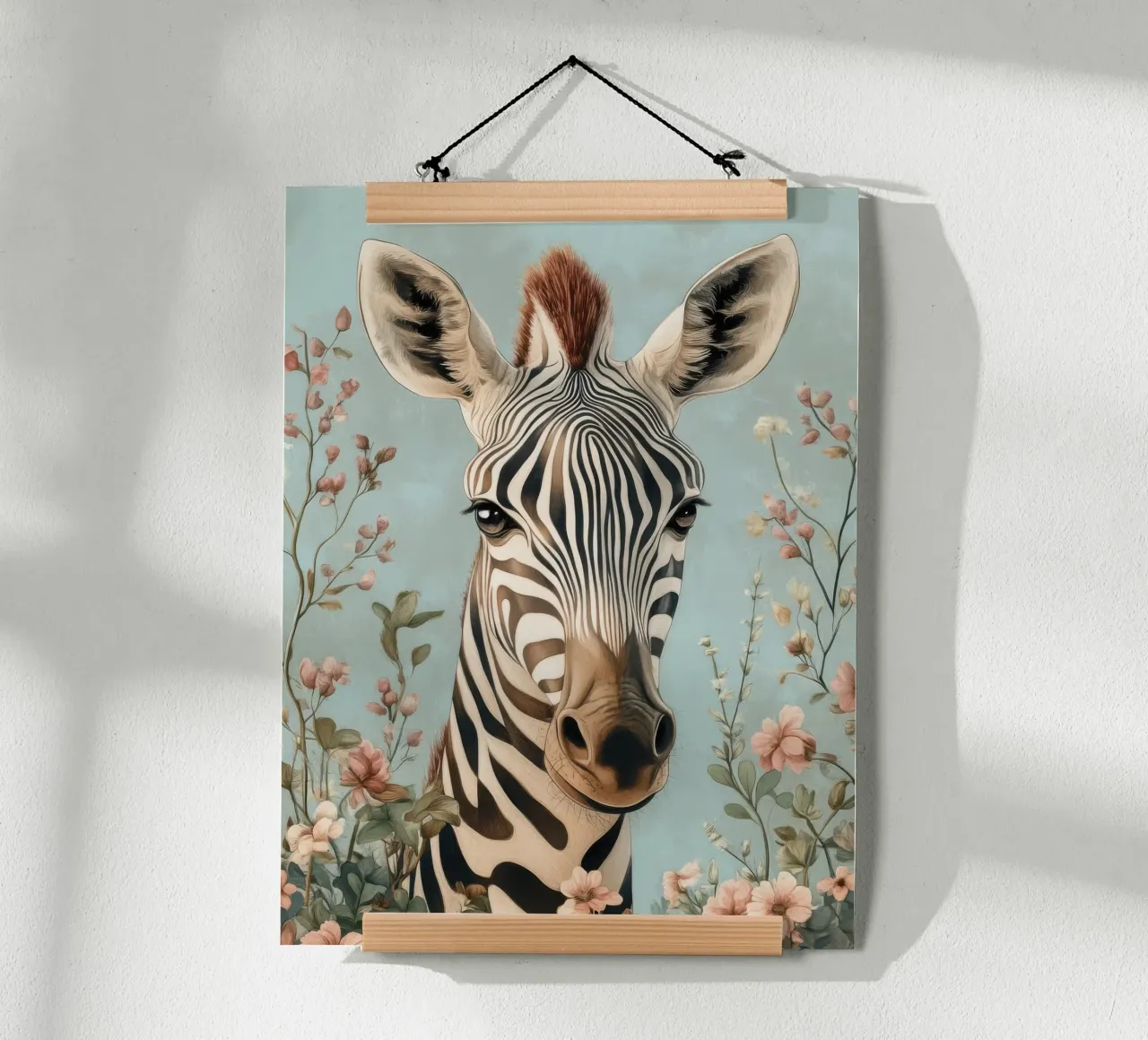 Soft-eyed zebra in a pastel garden poster with plastic frame by Moodwall