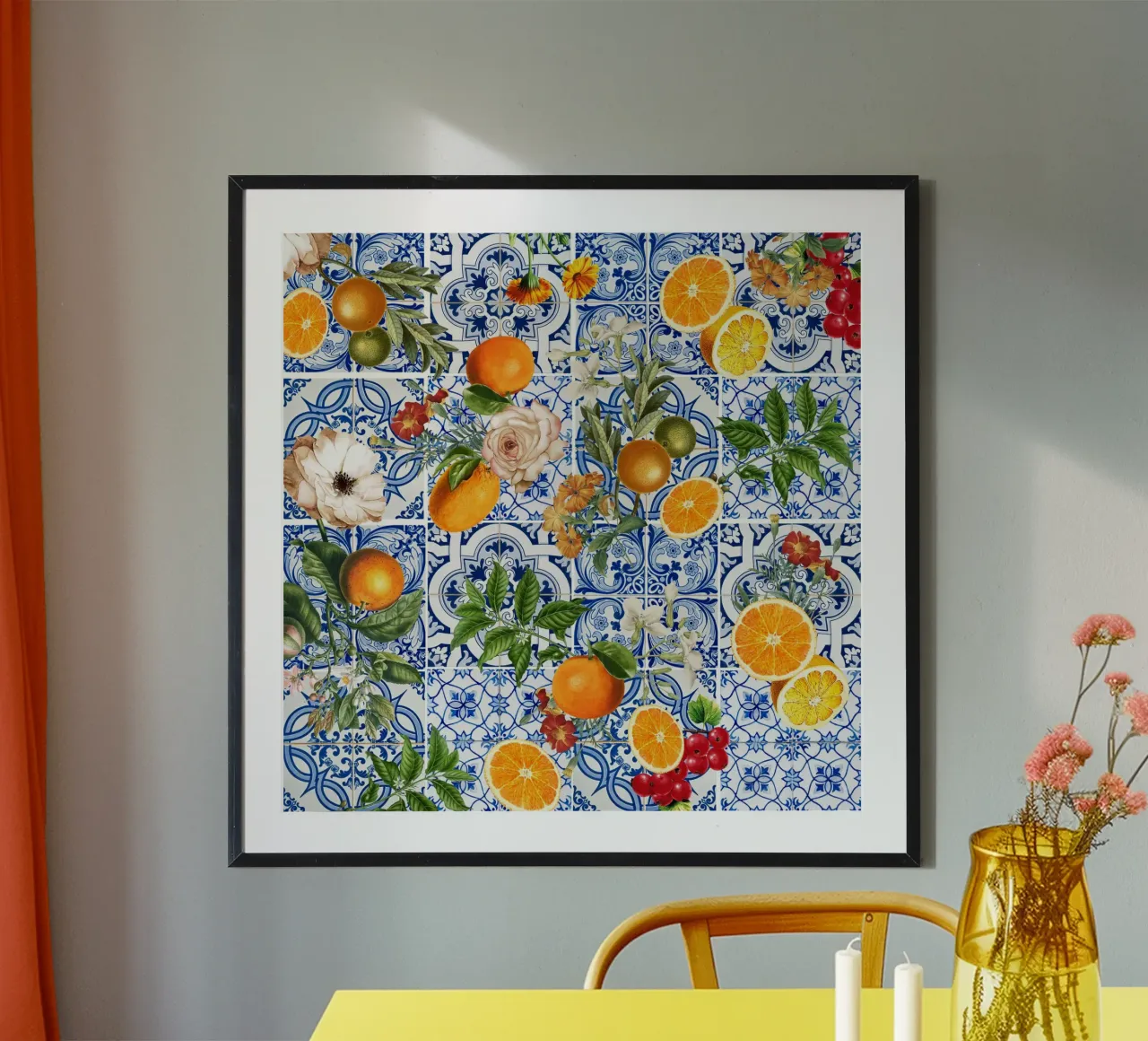 Arance vintage su piastrelle marocchine sbiadite Fascino rustico poster con telaio in plastica da Stilrausch