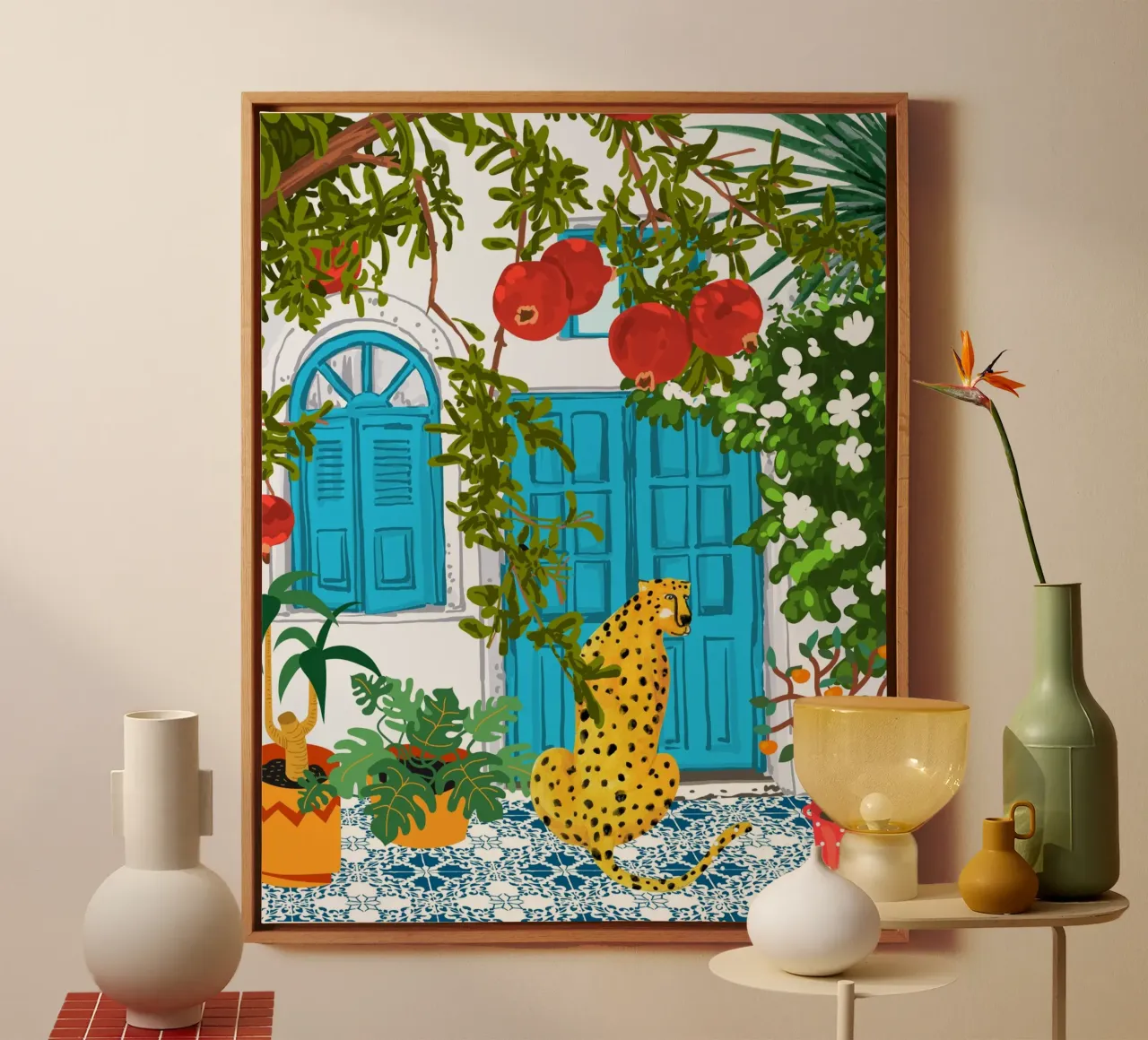 Cheetah Villa Architectuur, Tropisch Griekenland Jungle Dieren canvas met Baklijst van 83oranges