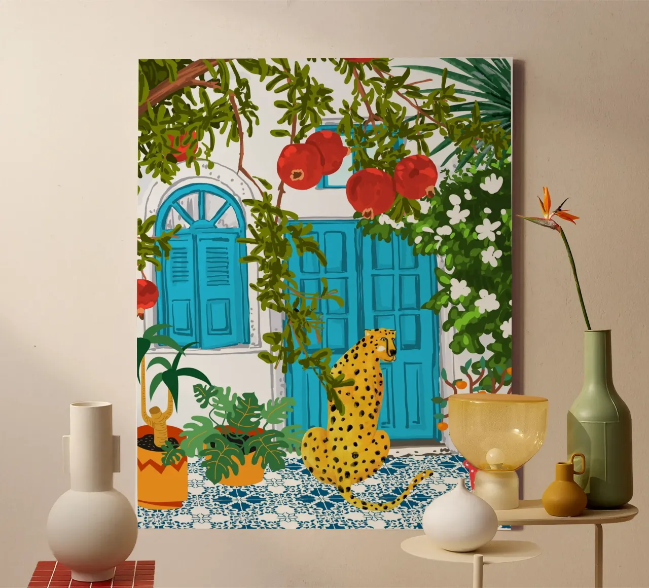 Cheetah Villa Architectuur, Tropisch Griekenland Jungle Dieren canvas met Baklijst van 83oranges