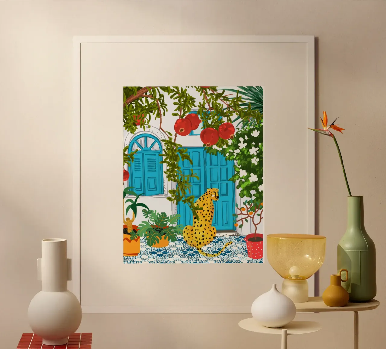 Villa Ghepardo Architettura, animali tropicali della giungla greca poster con telaio in plastica da 83oranges