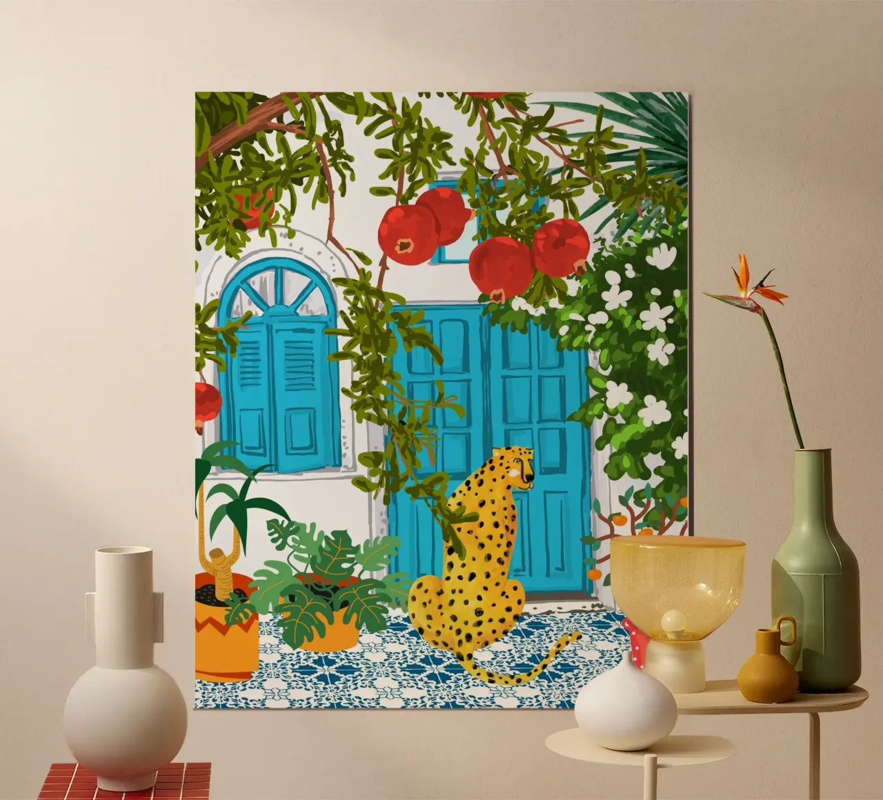 Villa Ghepardo Architettura, animali tropicali della giungla greca poster con telaio in plastica da 83oranges