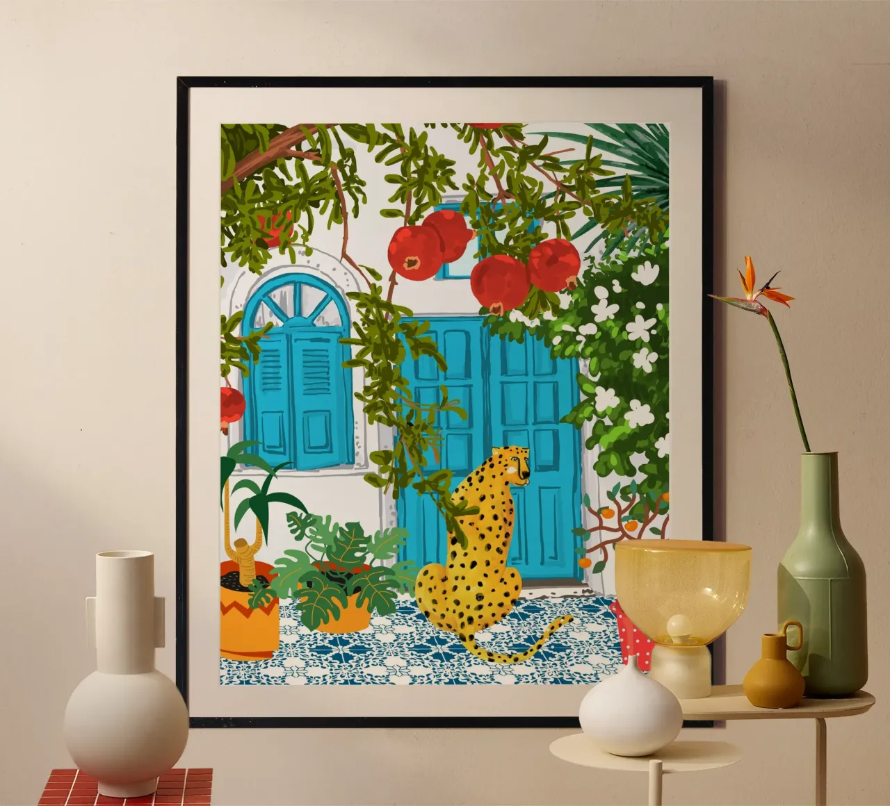 Villa Ghepardo Architettura, animali tropicali della giungla greca poster con telaio in plastica da 83oranges