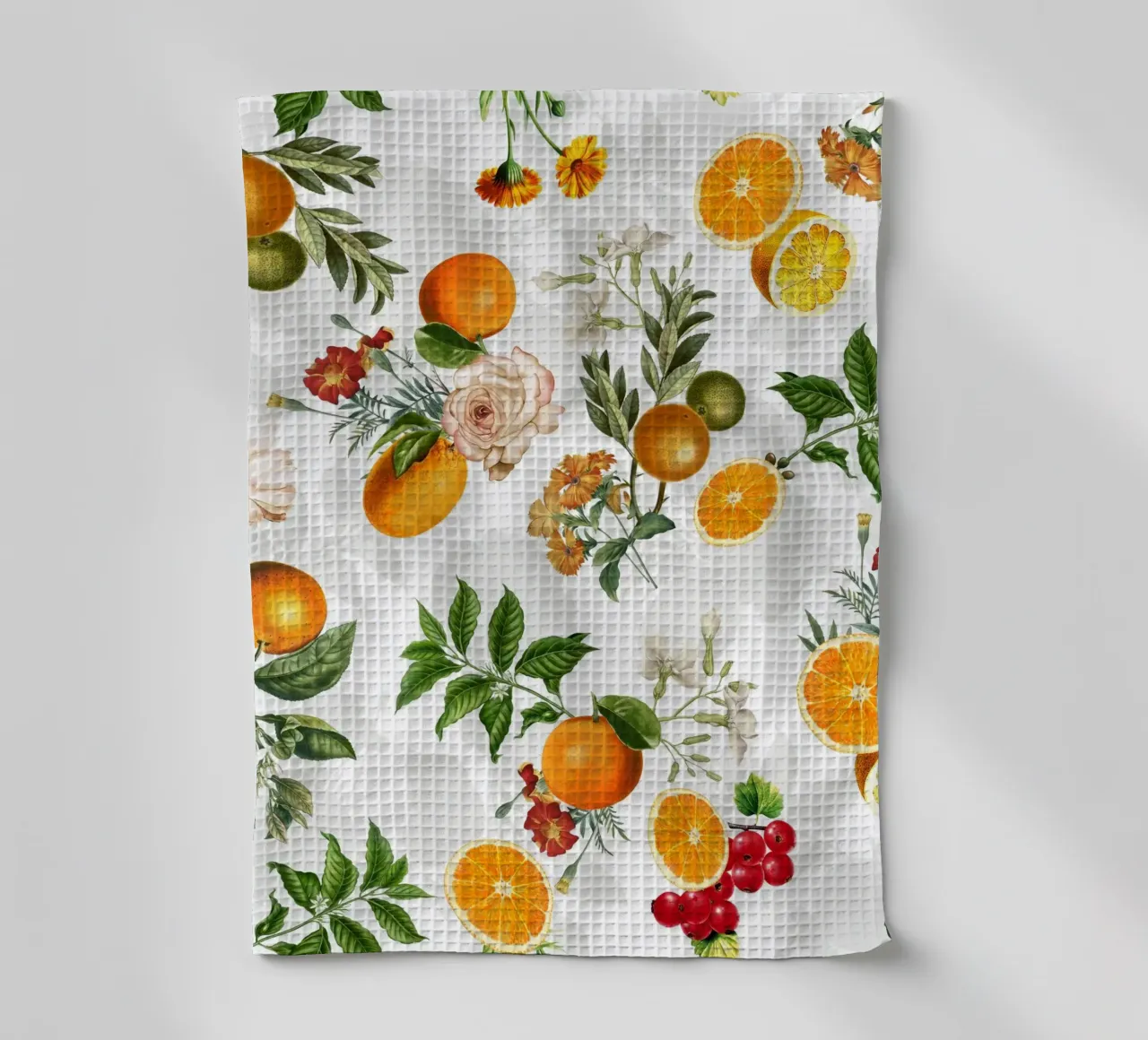 Vintage sinaasappels en bloesems op wit mediterrane stijl theedoek van Stilrausch