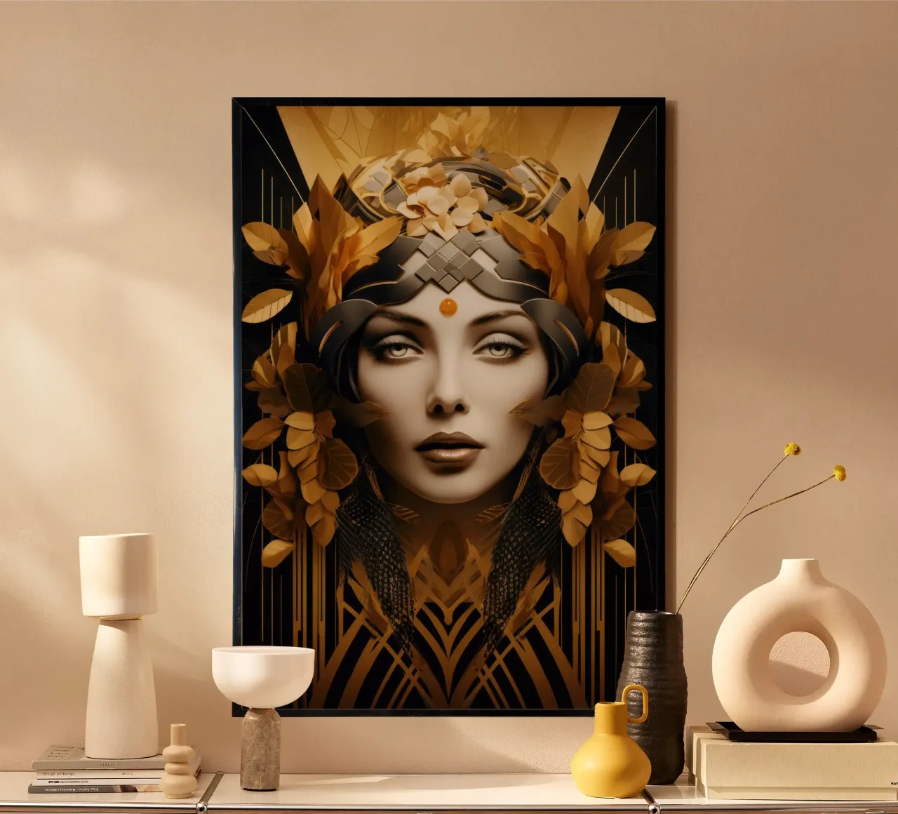 Art Deco Frau Poster mit Kunststoffrahmen von Artful Muse