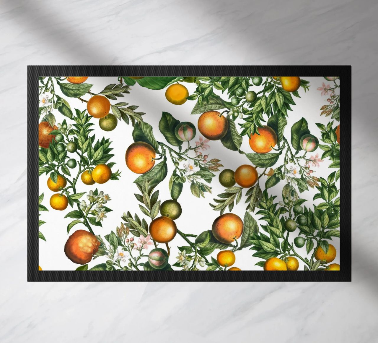 Oranges Pattern on White Fresh Citrus Botanical Print doormat by Stilrausch