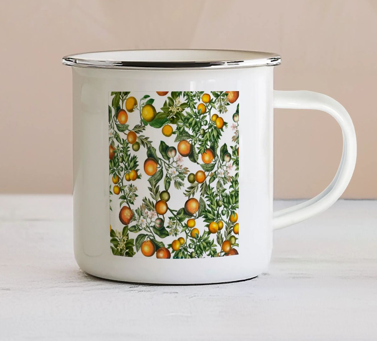 Oranges Pattern on White Fresh Citrus Botanical Print enamel mug by Stilrausch
