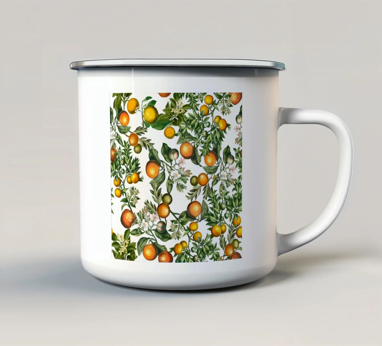 Oranges Pattern on White Fresh Citrus Botanical Print enamel mug by Stilrausch