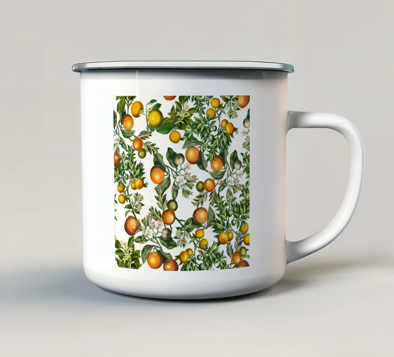 Orangen Muster auf Weiß Frische Zitrusfrüchte Botanischer Druck Emaille Tasse von Stilrausch