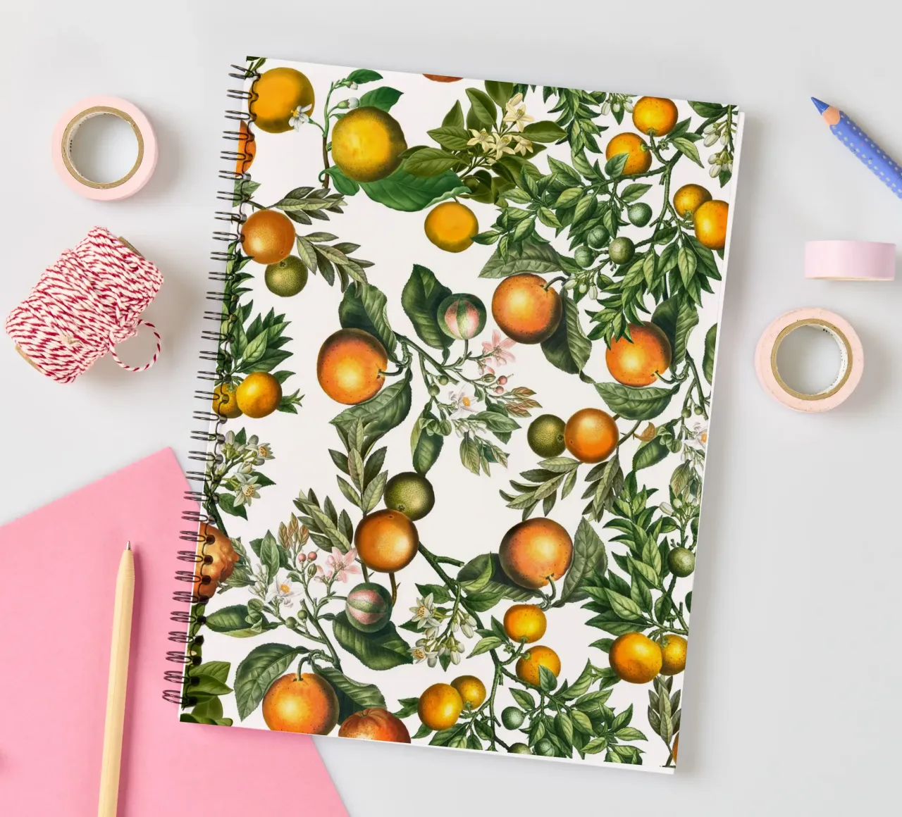 Orangen Muster auf Weiß Frische Zitrusfrüchte Botanischer Druck Ringbuch von Stilrausch