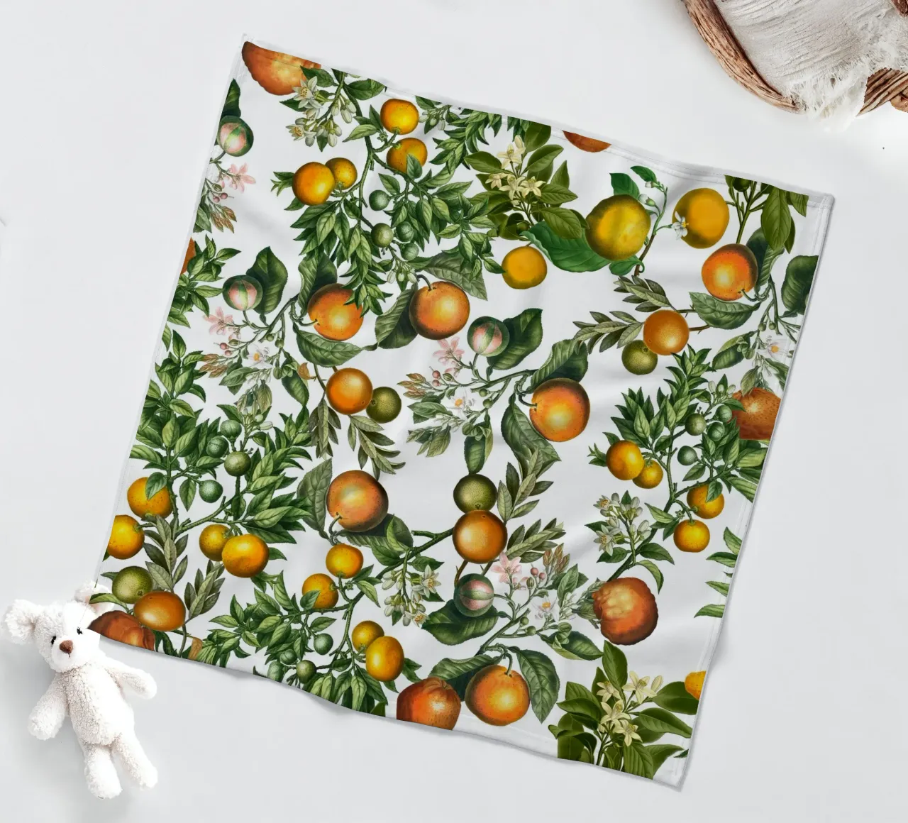 Oranges Pattern on White Fresh Citrus Botanical Print fleece blanket by Stilrausch