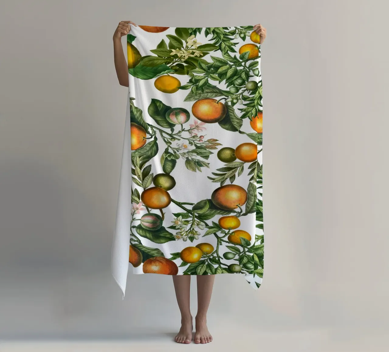 Oranges Pattern on White Fresh Citrus Botanical Print beach towel by Stilrausch