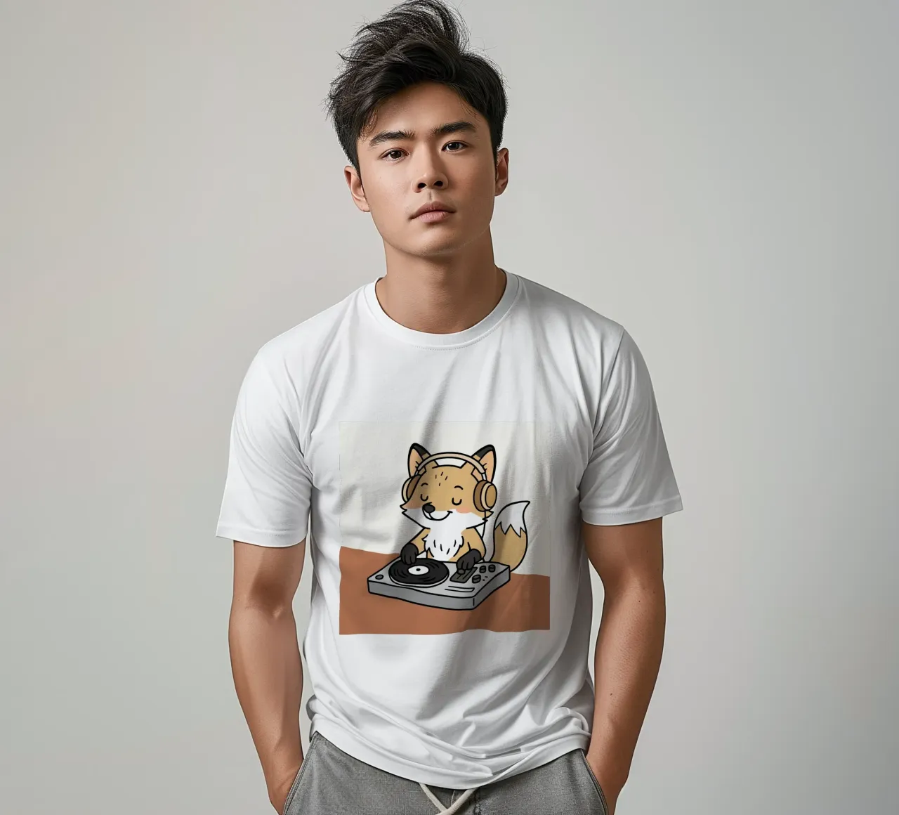Una volpe come DJ con le cuffie sul banco di mixaggio t-shirt da namosh