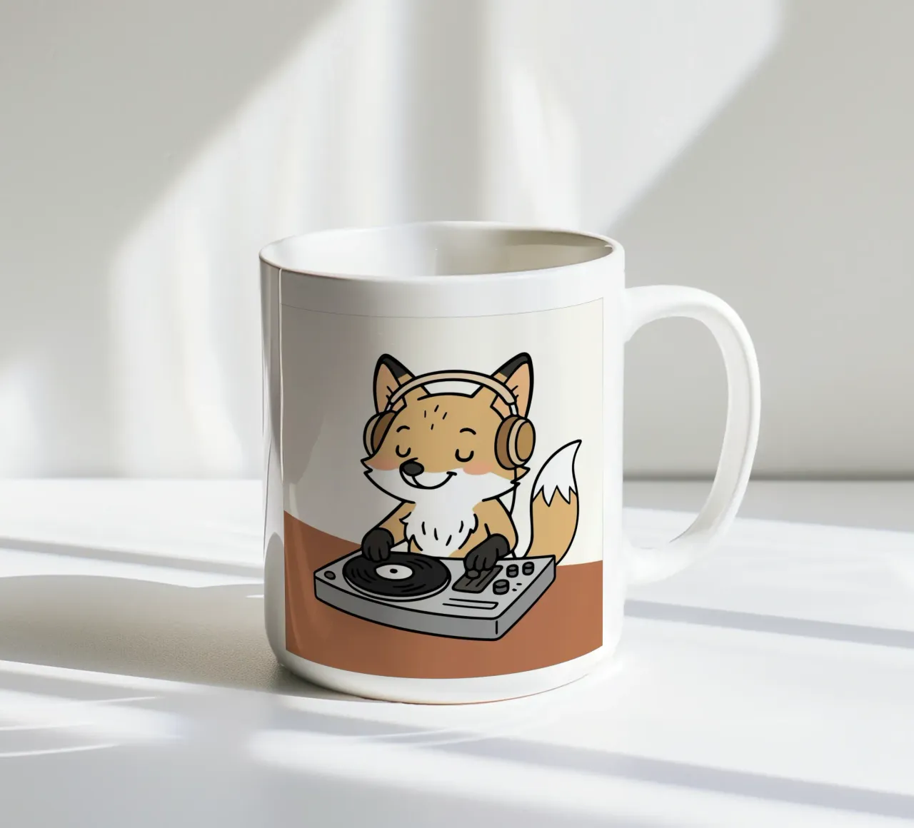 Una volpe come DJ con le cuffie sul banco di mixaggio tazza in ceramica da namosh