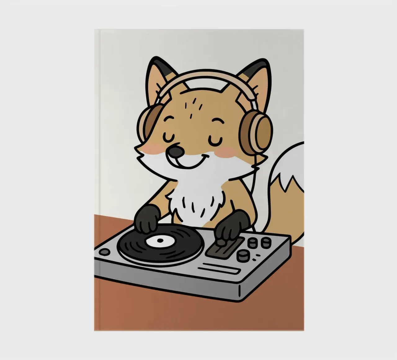 Un zorro como DJ con auriculares en la mesa de mezclas cuaderno de namosh