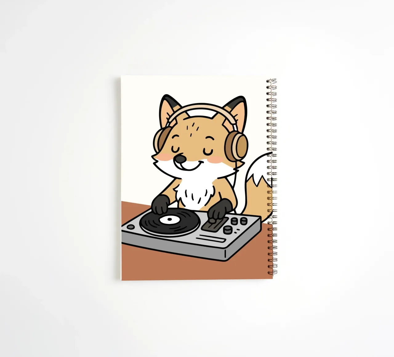 Un renard en DJ avec des écouteurs sur la table de mixage carnet à spirale de namosh