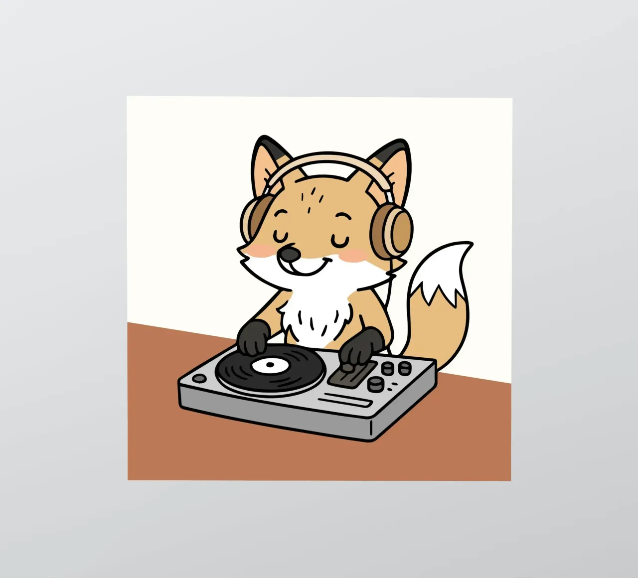 Un zorro como DJ con auriculares en la mesa de mezclas pegatina de namosh
