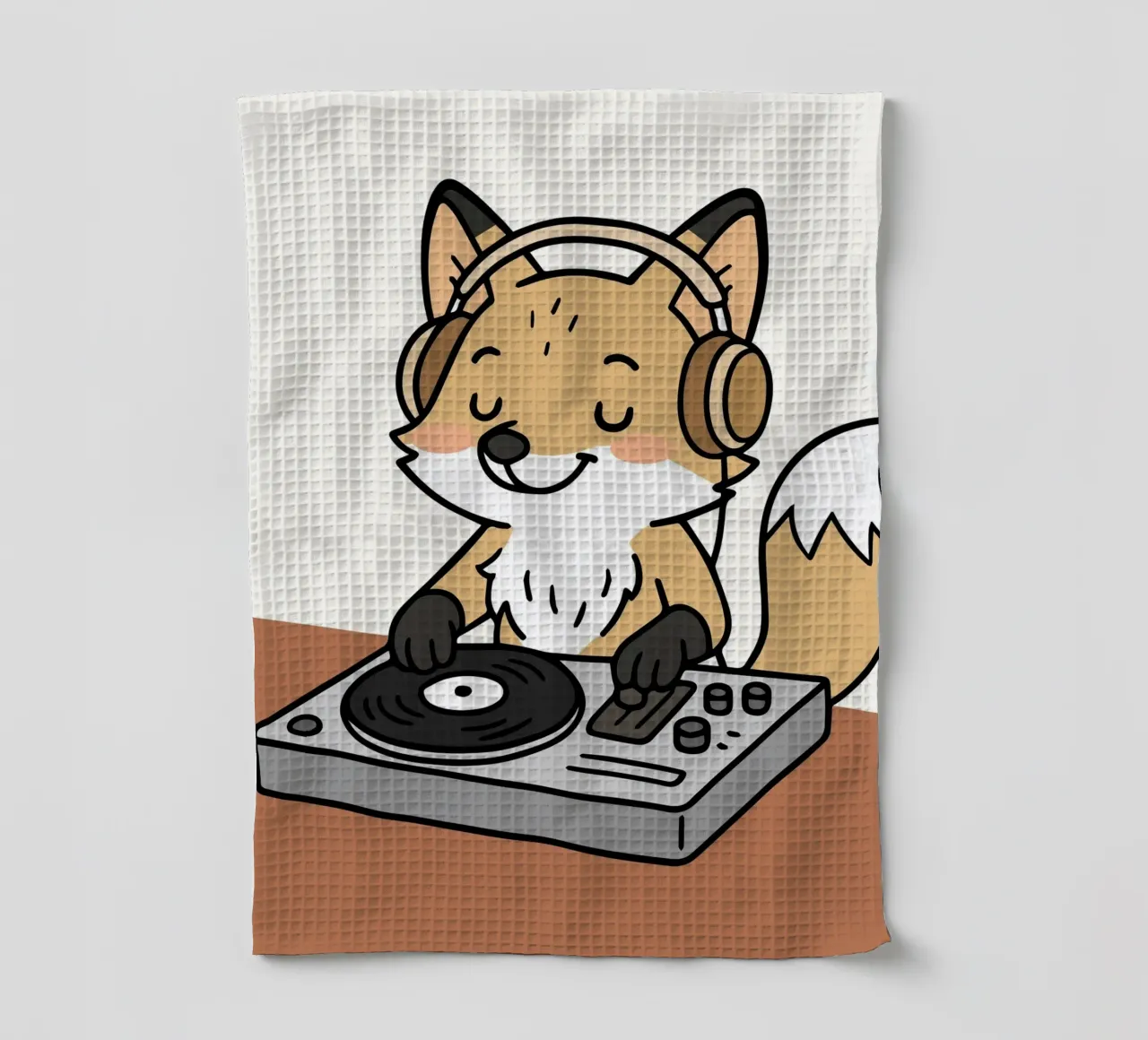 Una volpe come DJ con le cuffie sul banco di mixaggio canovaccio da cucina da namosh